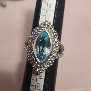 Judith Ripka Sterling Silver Ring with Blue Topaz Marquise Gem And Czs